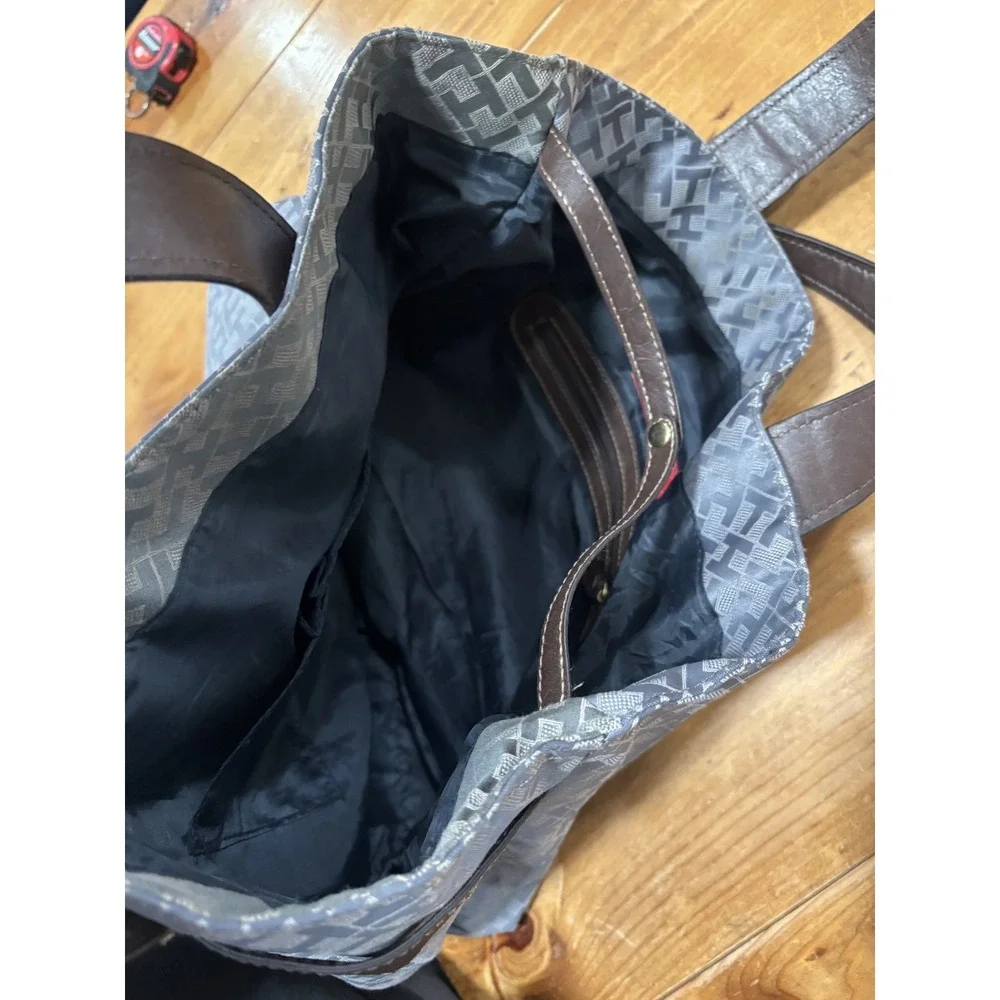 Tommy Hilfiger Monogram Gray Tote Bag Shoulder Travel Carryall Blue Stripe